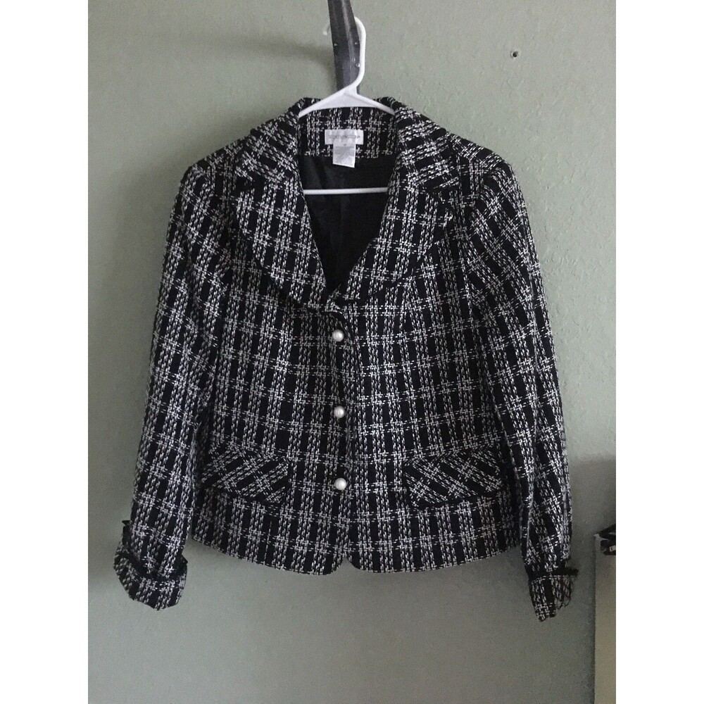 Worthington Size 14 Black White Lining Tweed Jacket Blazer Perl Button Up